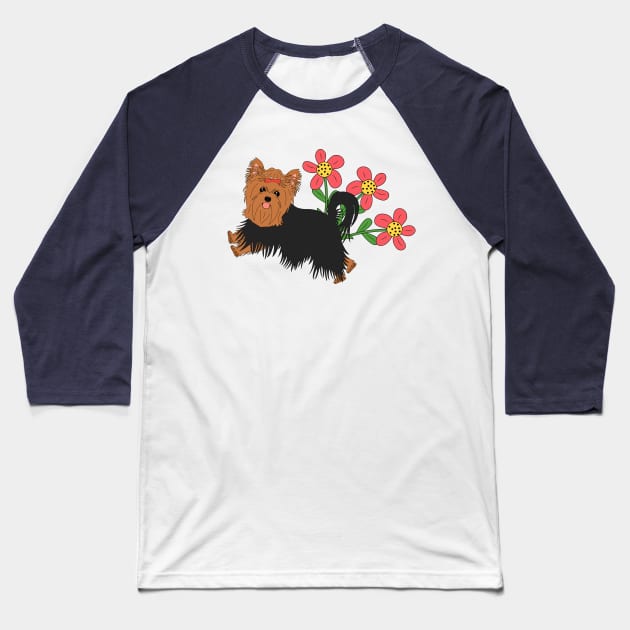 Happy Yorkshire Terrier and Flowers Baseball T-Shirt by LulululuPainting